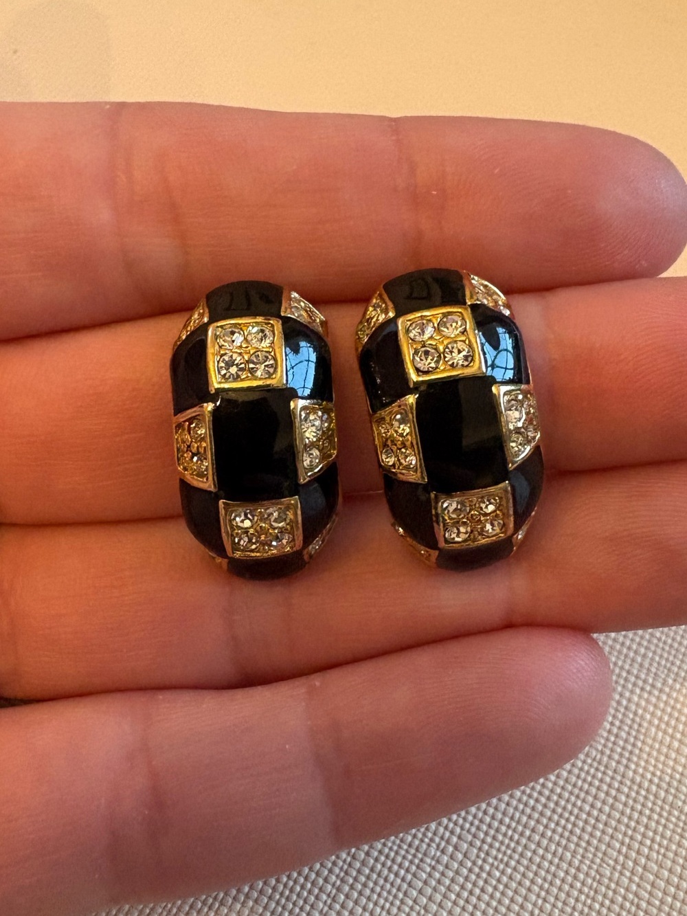 Roman Vintage Black Enamel and Rhinestone Gold-Tone Hoop Earrings